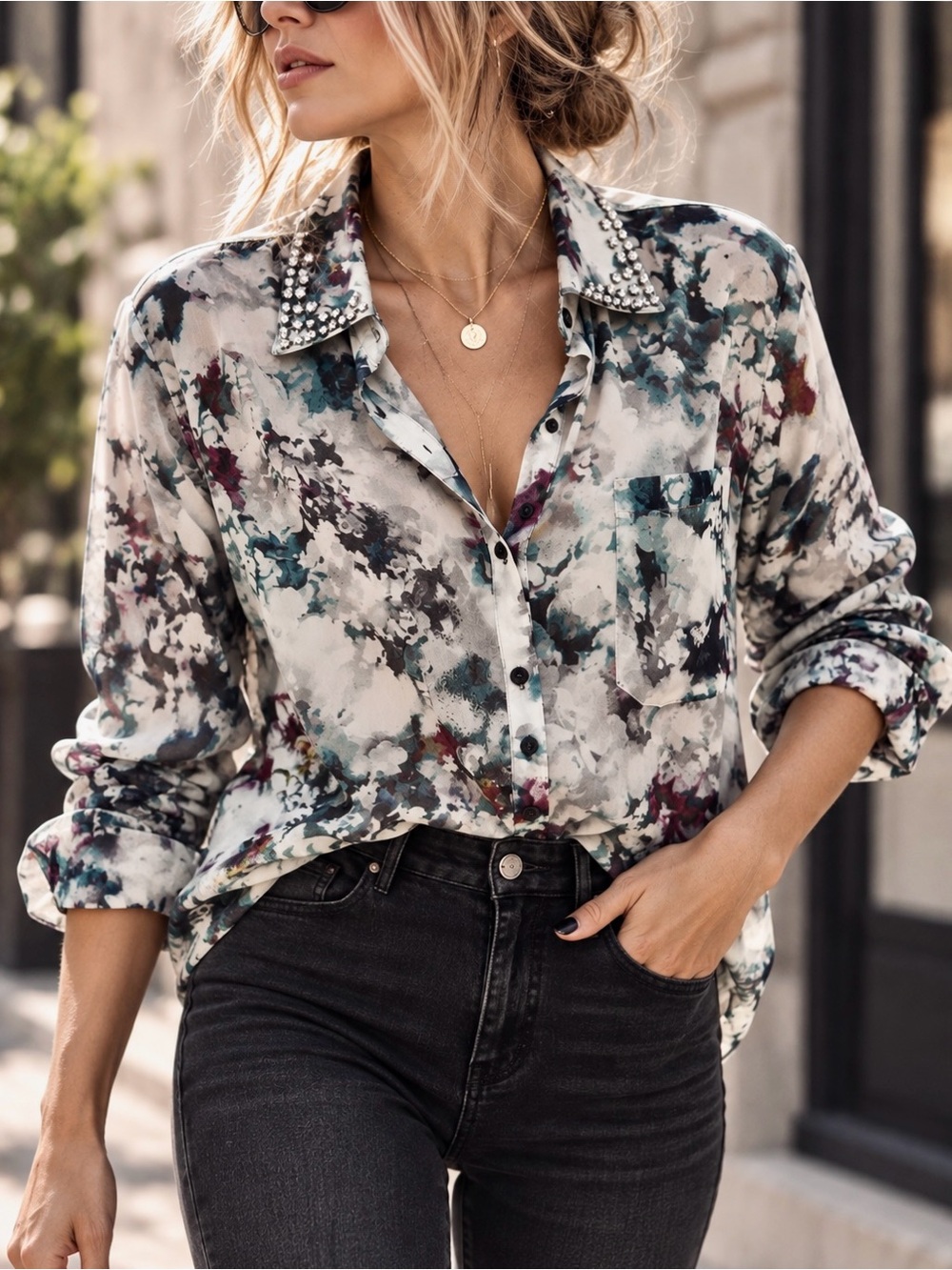 Bellatrix Floral Blouse Sheer Embellished Collar Button Down Medium